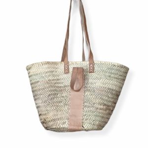 French Market Basket with Leather Accent Straw Shopping Bag Beach Tote